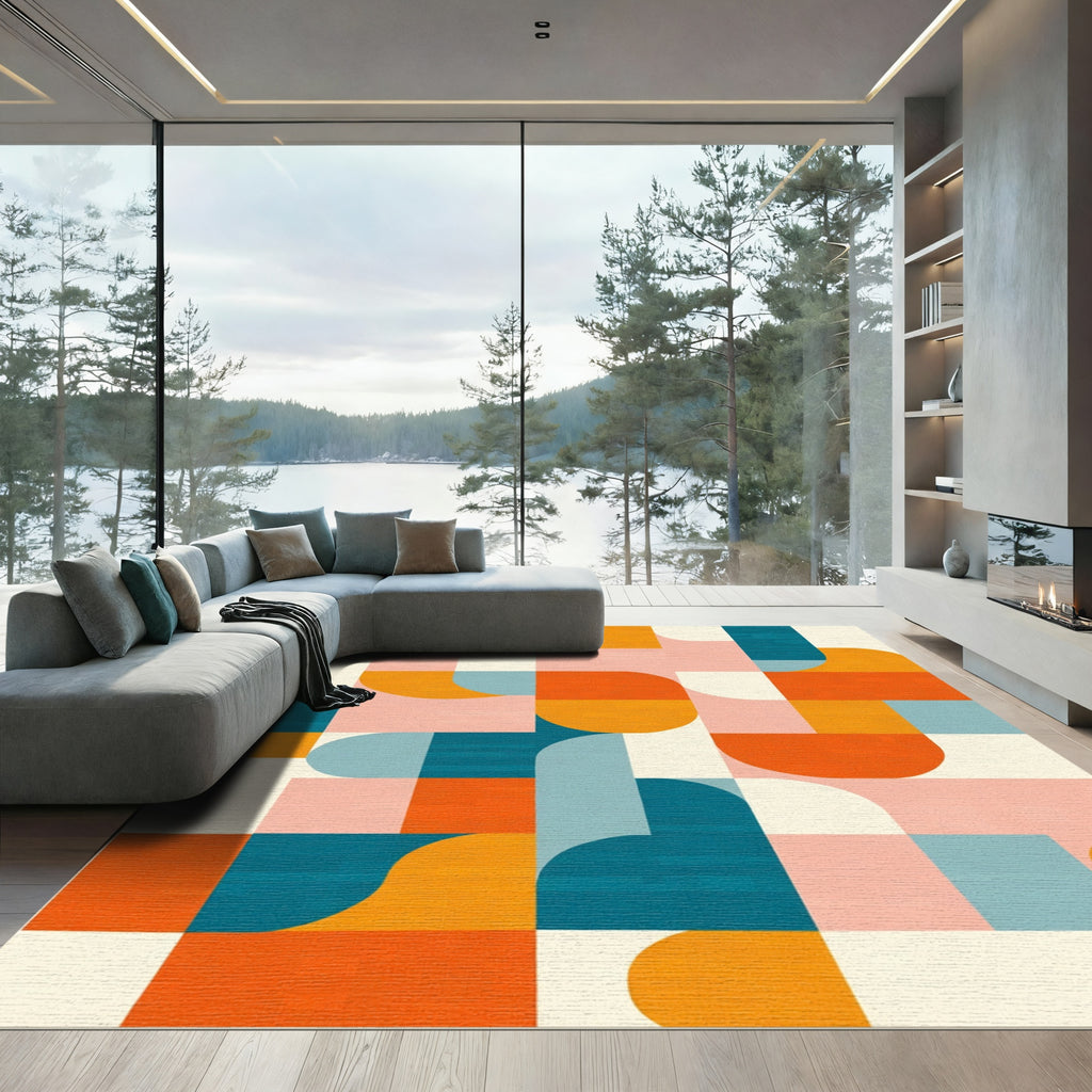 Mid Century Geometric Shape Collage Rug