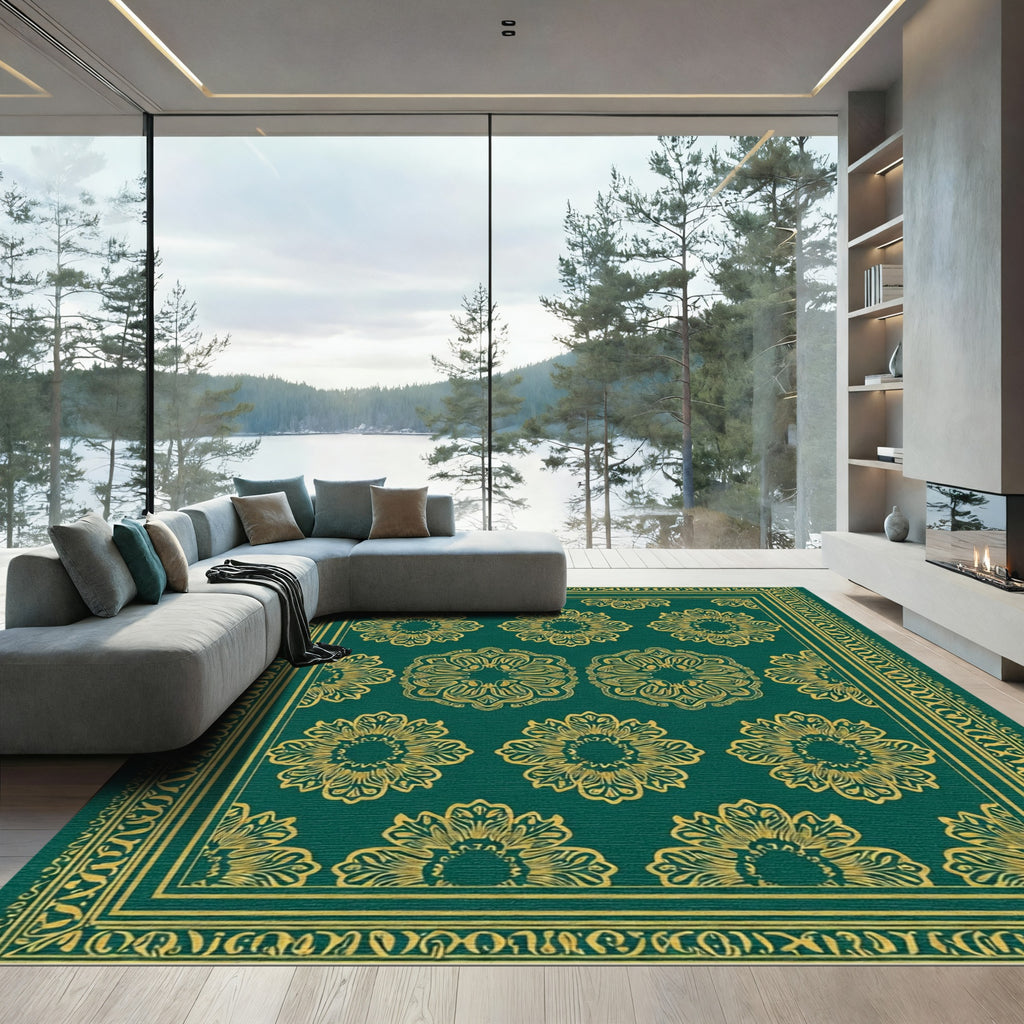Elegant Emerald Gold Floral Medallion Rug