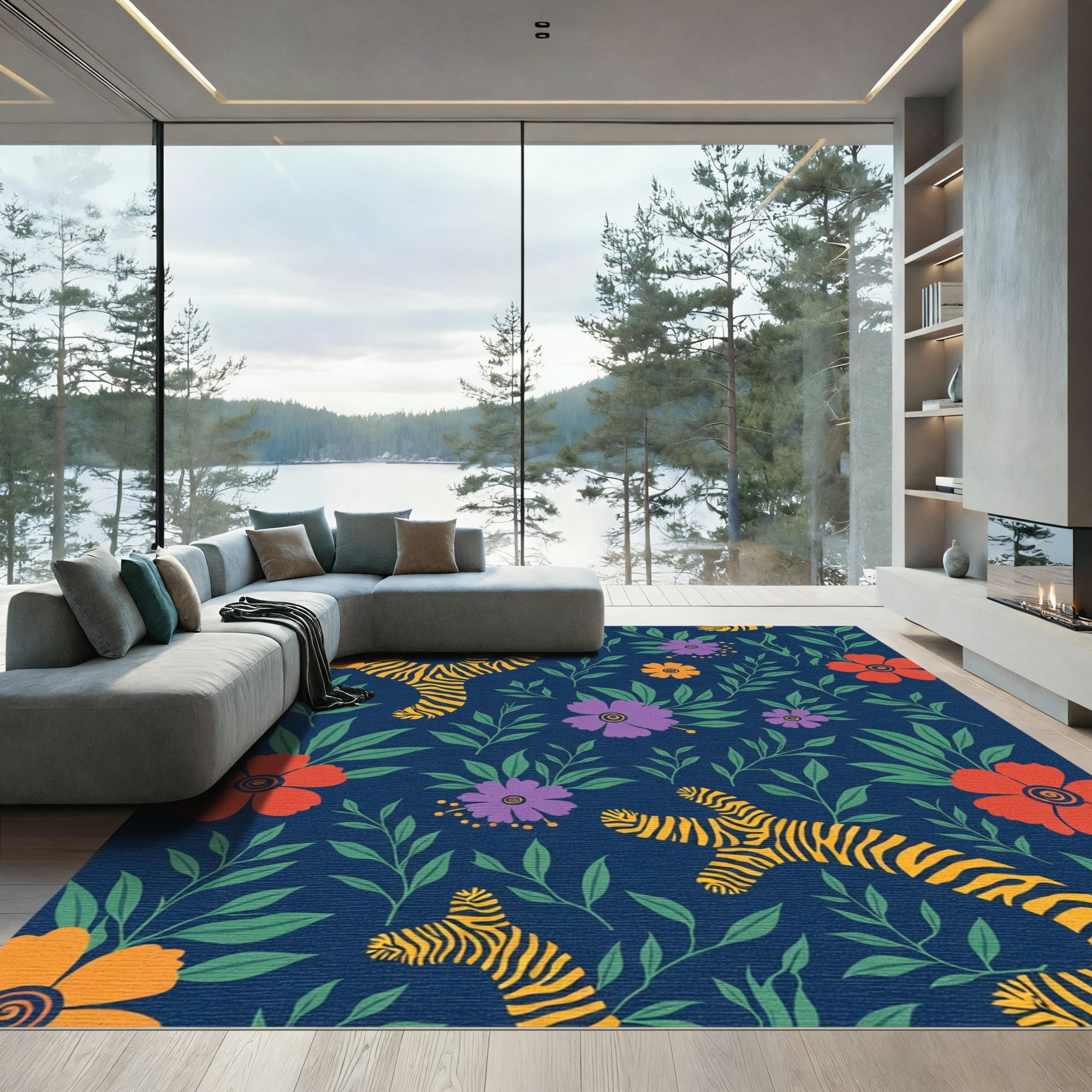 Whimsical Tigers Amongst Colorful Blooms Rug