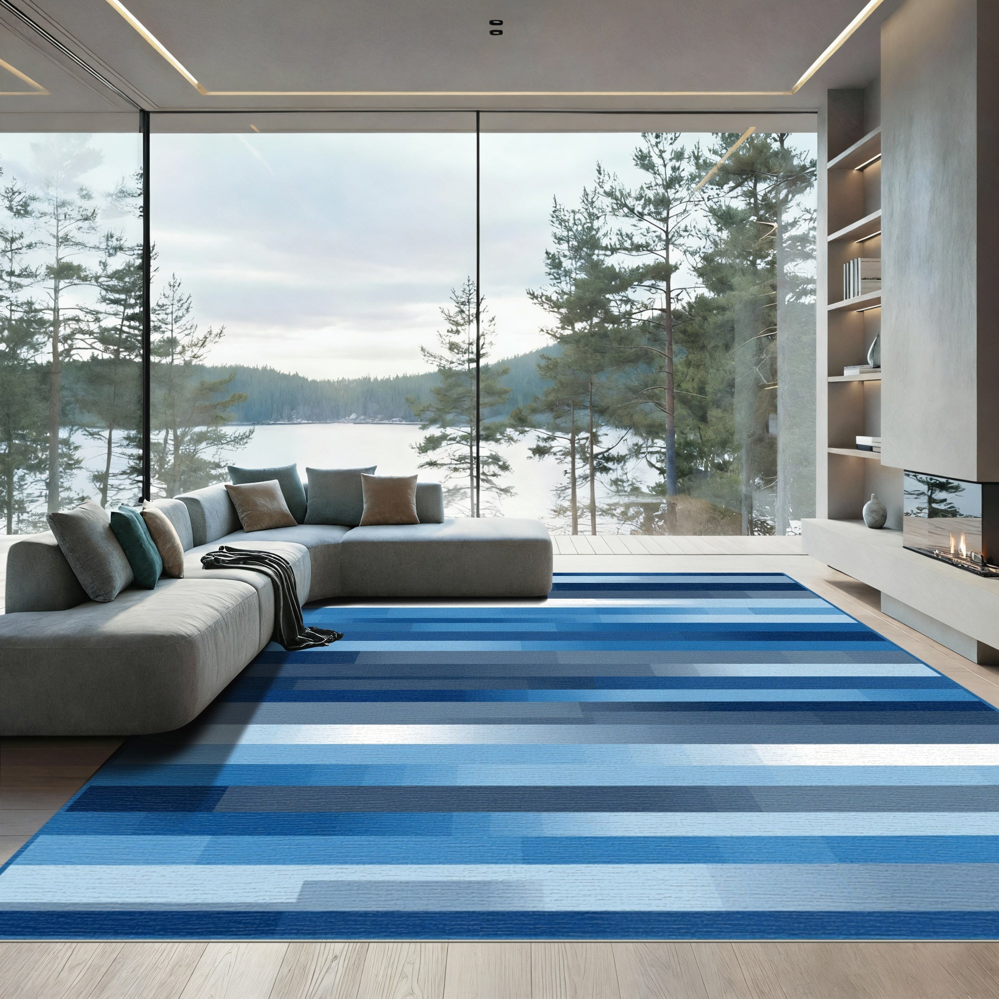 Modern Blue Tonal Horizontal Stripe Rug