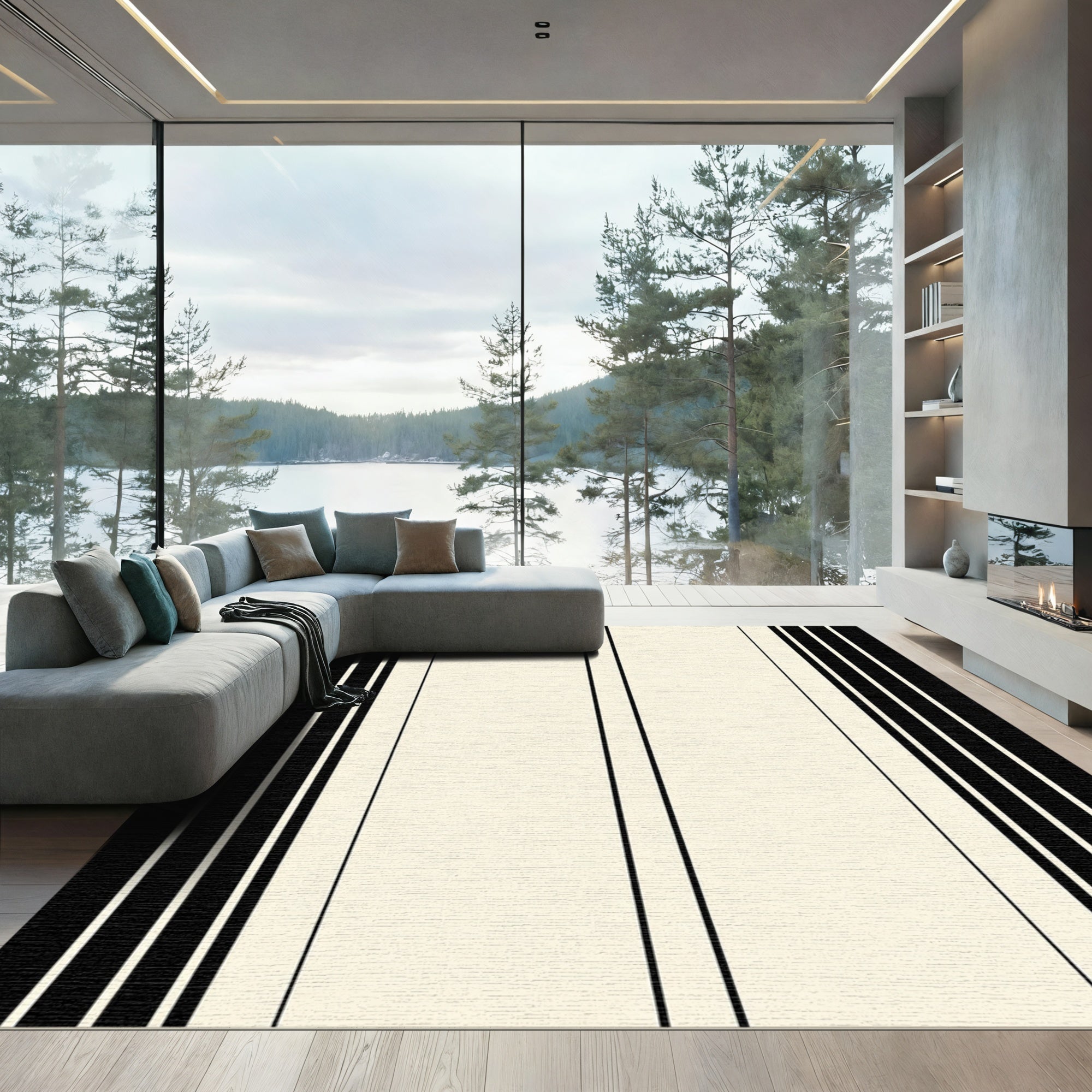 Modern Black and Ivory Stripe Rug