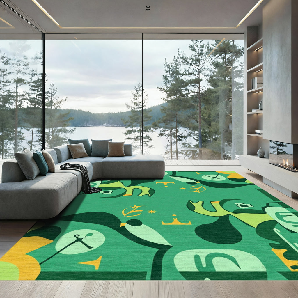Abstract Green Gold Organic Shapes Rug