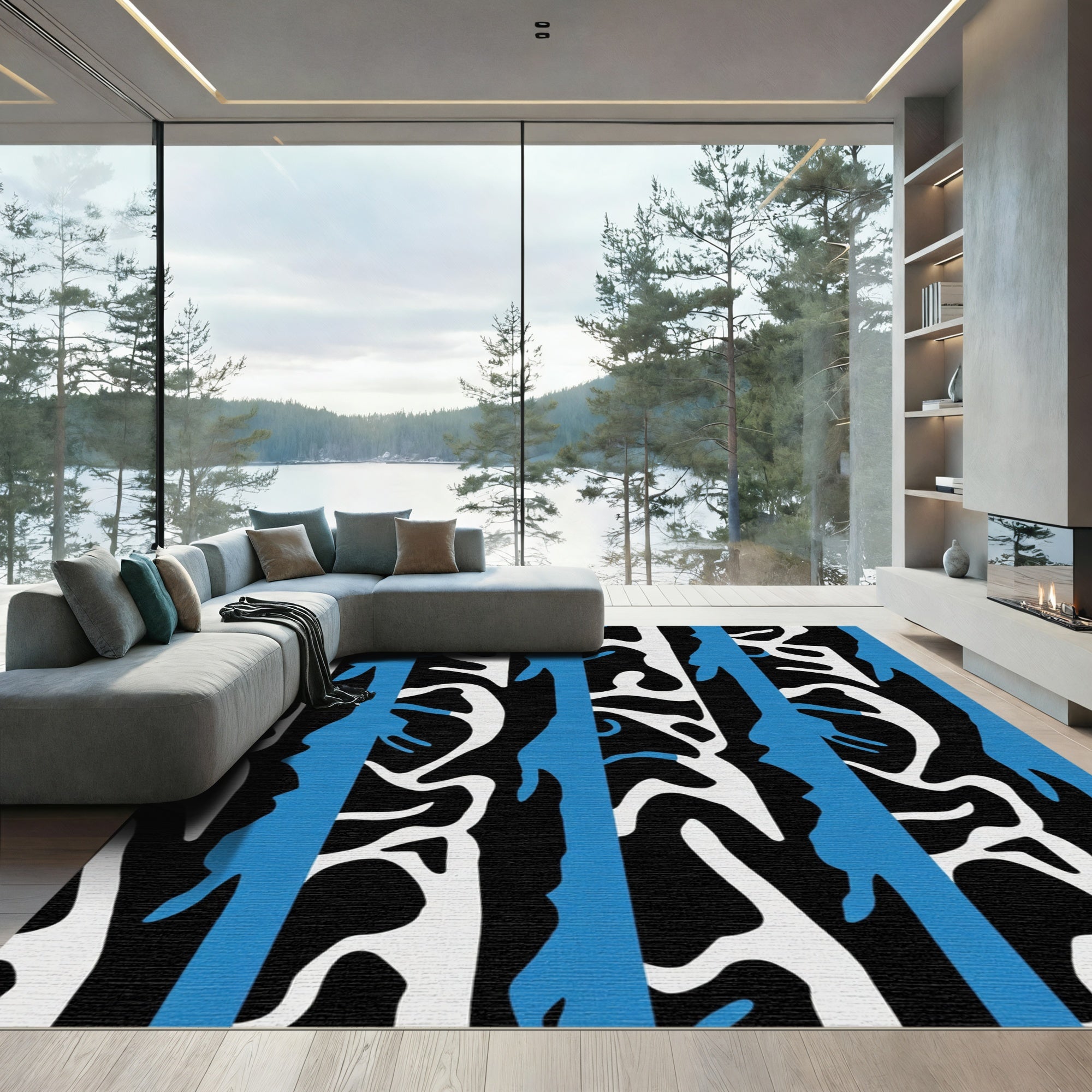 Black White Blue Organic Stripe Rug
