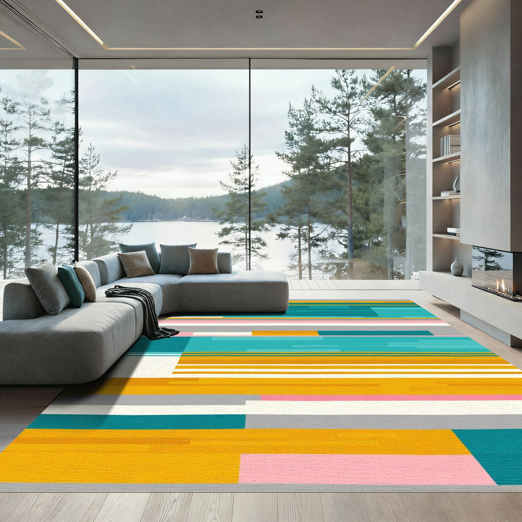 Modern Teal Orange Abstract Stripe Rug