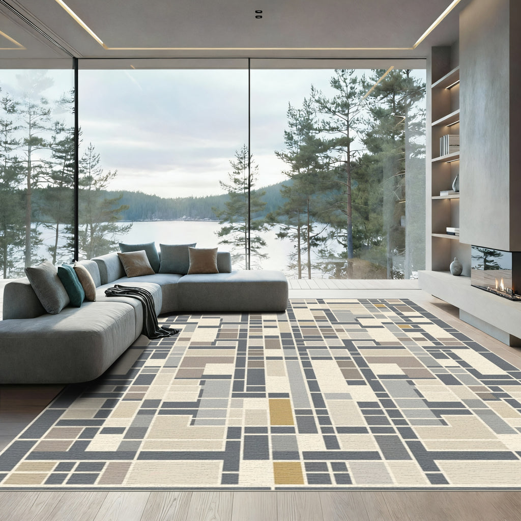 Geometric Tan Ochre Slate Rectangle Grid Rug