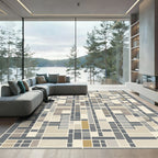 Geometric Tan Ochre Slate Rectangle Grid Rug