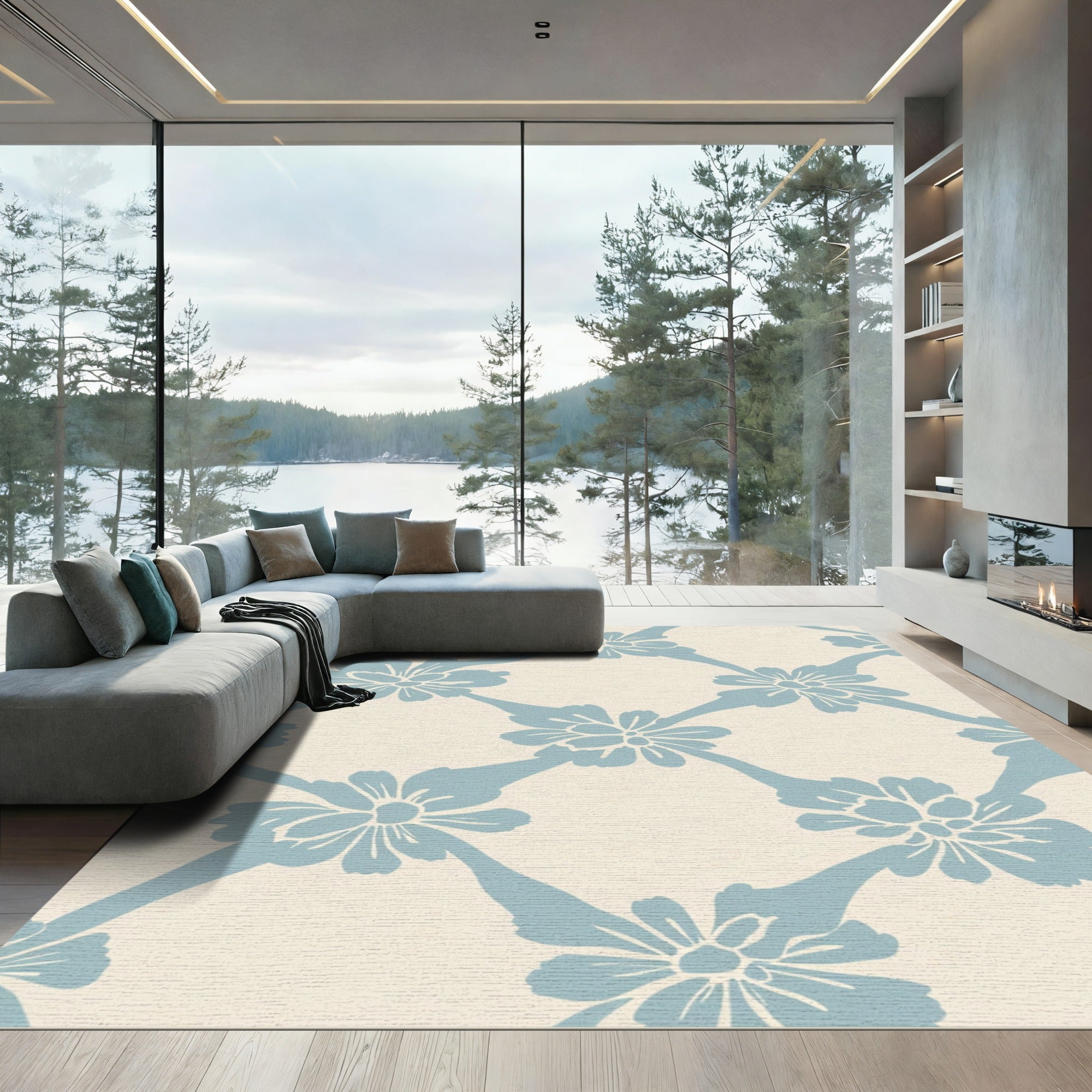 Vintage Blue Floral Lattice Rug