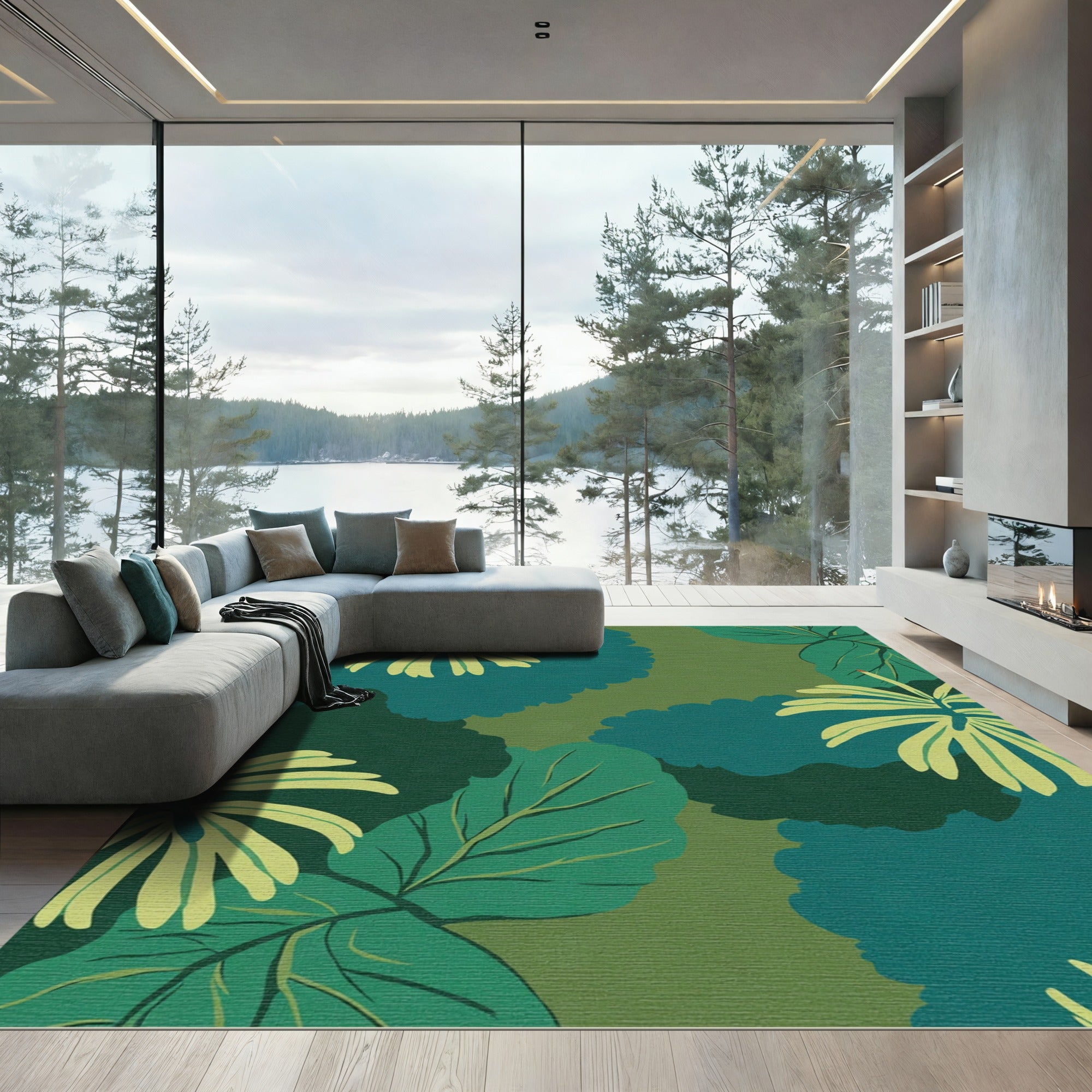 Emerald Teal Tropical Leaf Collage Rug