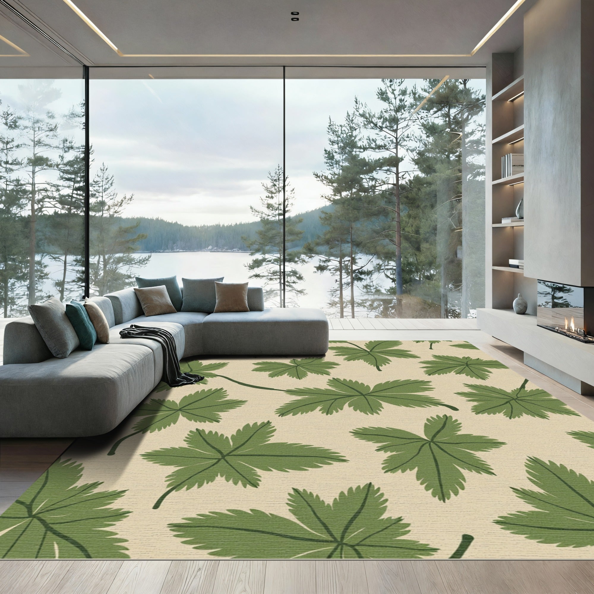 Green Leafy Branches Cream Rug
