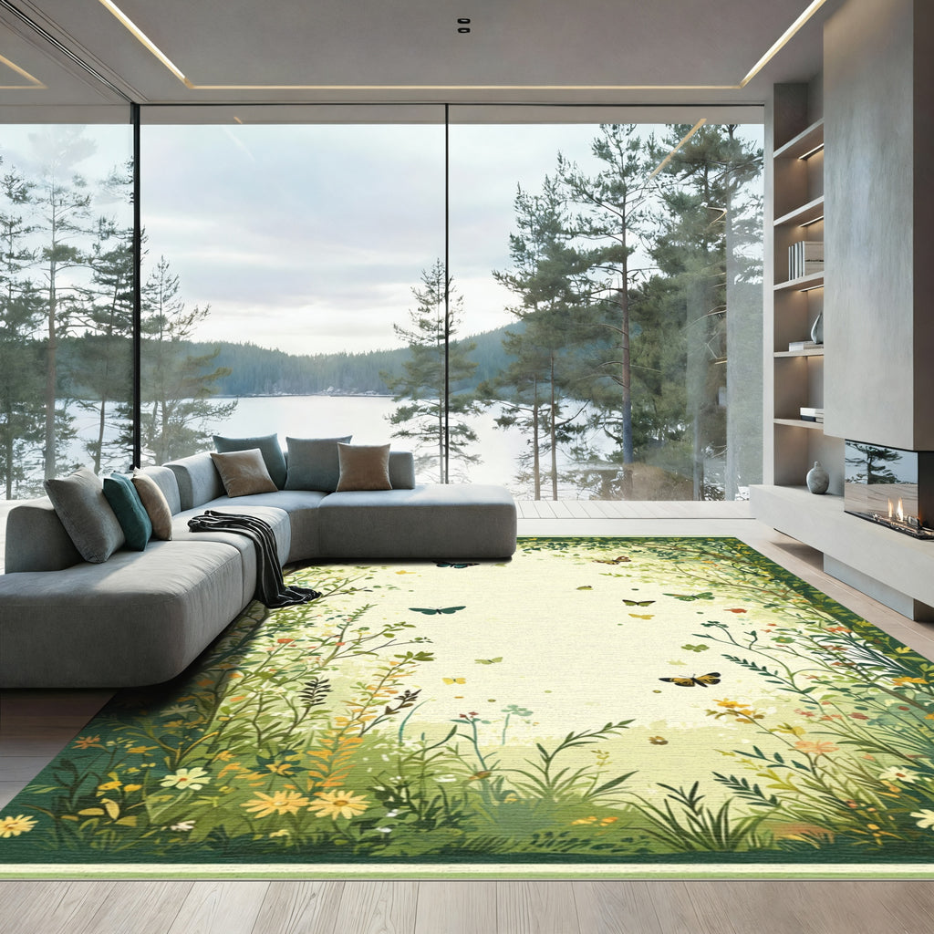 Whimsical Green Butterfly Meadow Rug