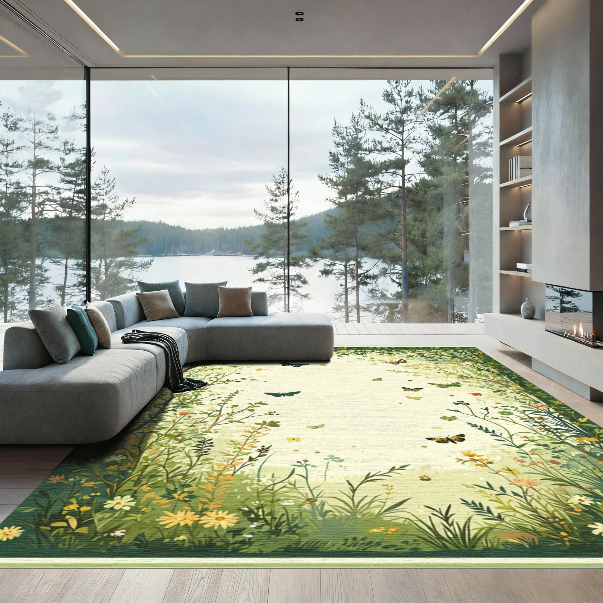 Whimsical Green Butterfly Meadow Rug