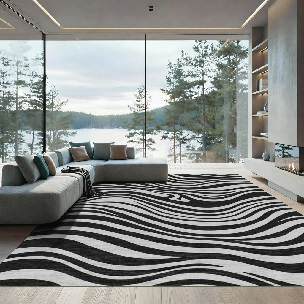 Abstract Black White Zebra Waves Rug