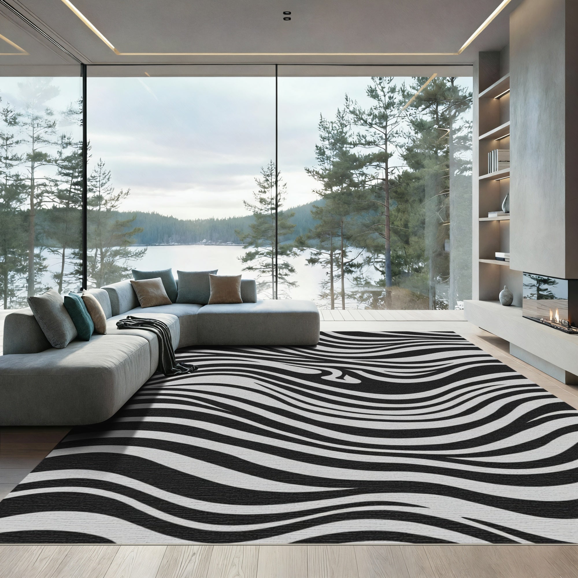 Abstract Black White Zebra Waves Rug