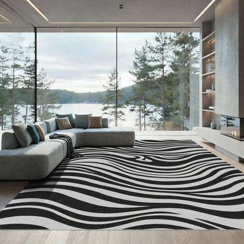 Abstract Black White Zebra Waves Rug