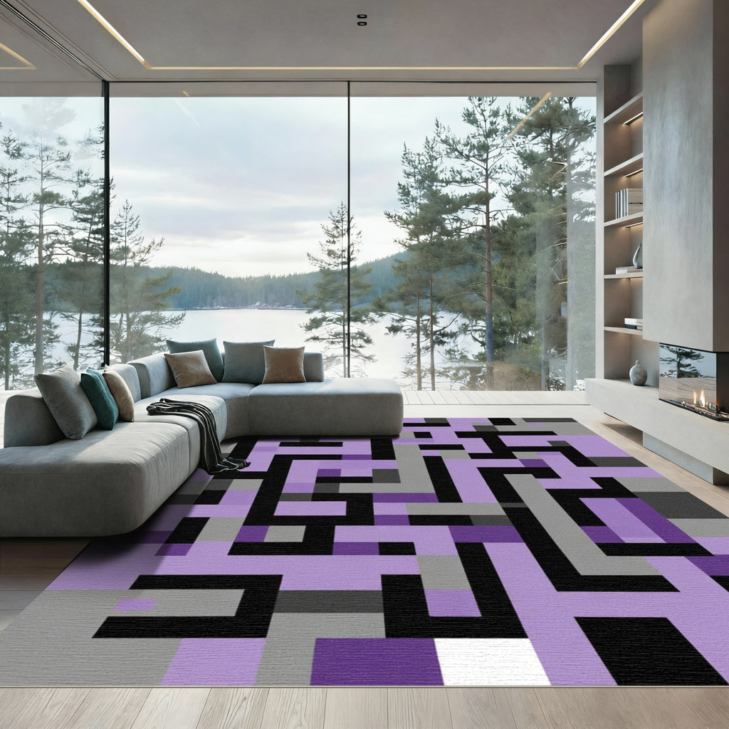 Purple Gray Black Geometric Maze Rug