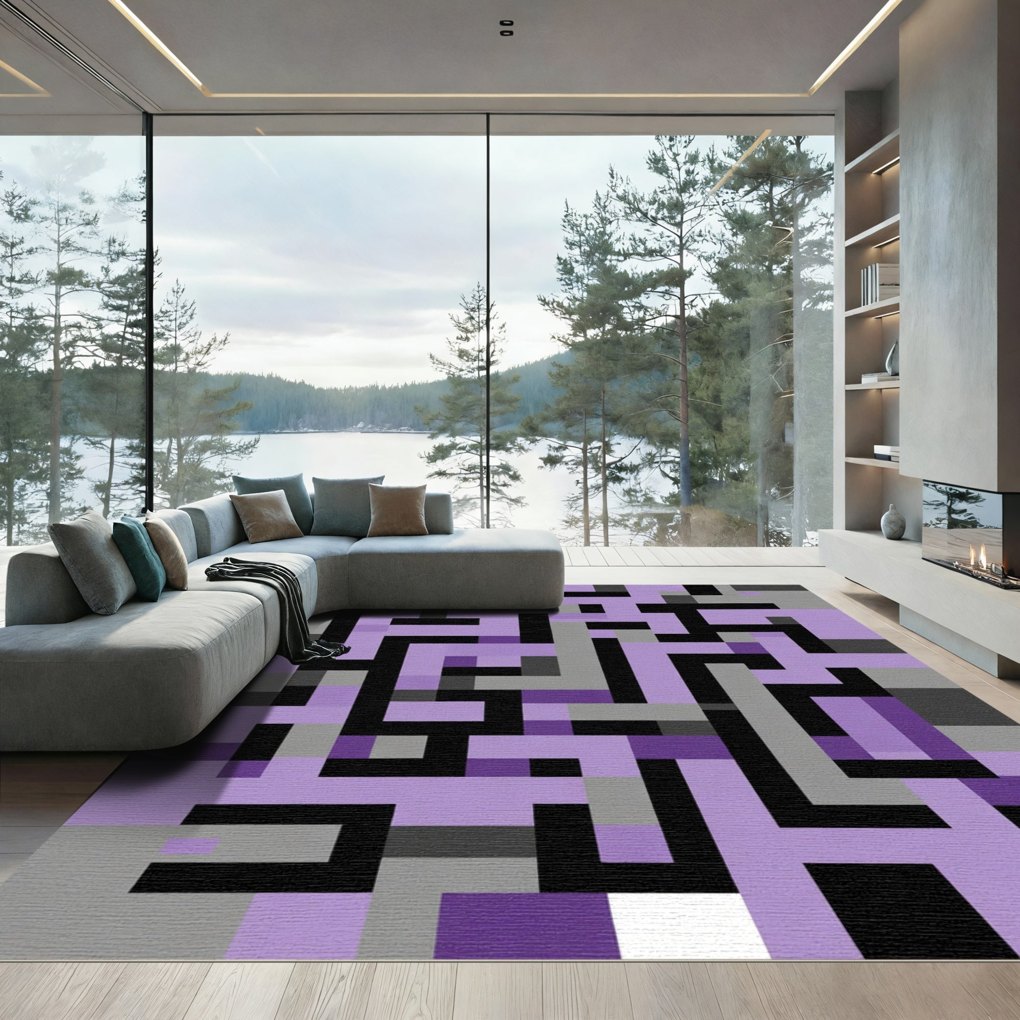Purple Gray Black Geometric Maze Rug