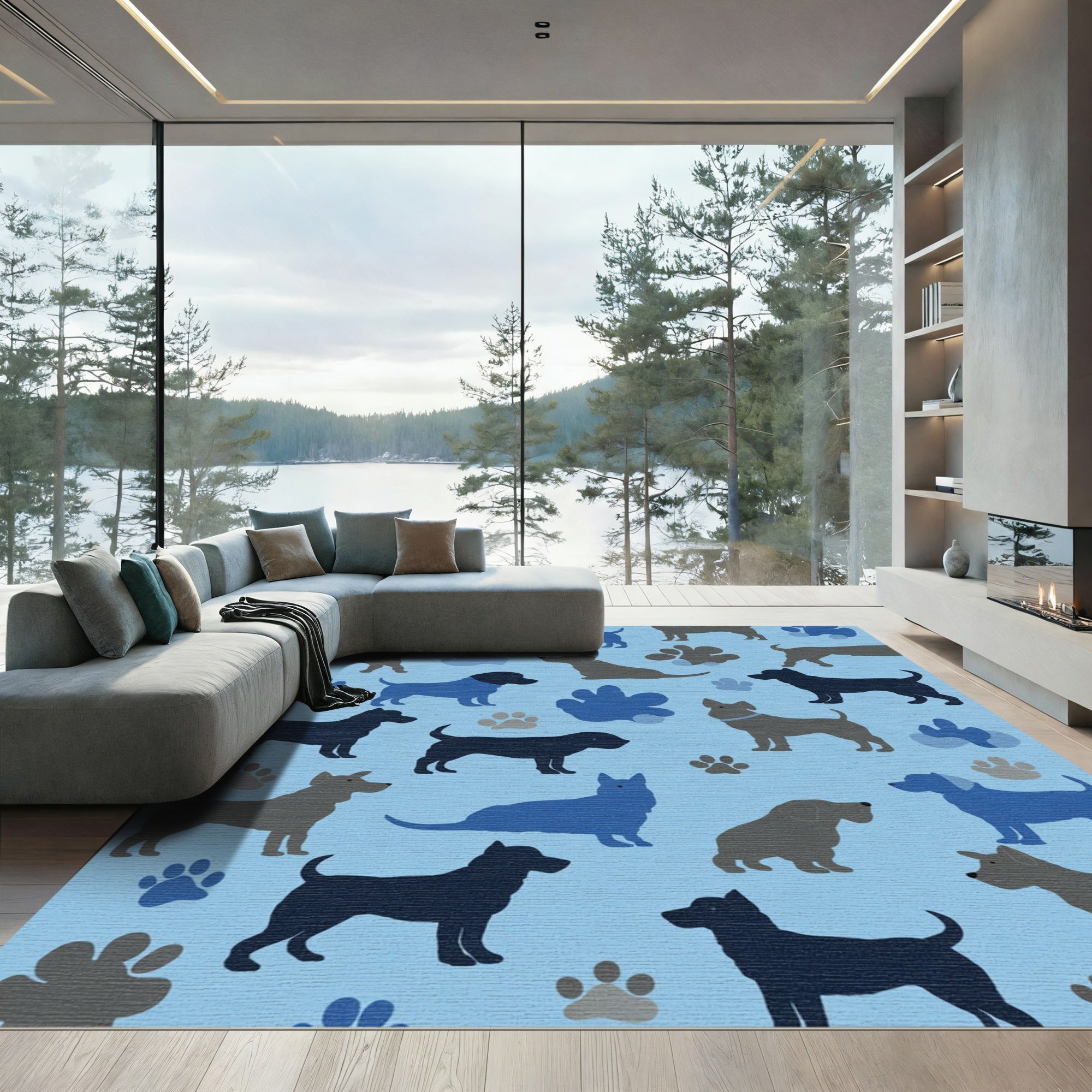Charming Blue and Gray Dog Collage Rug