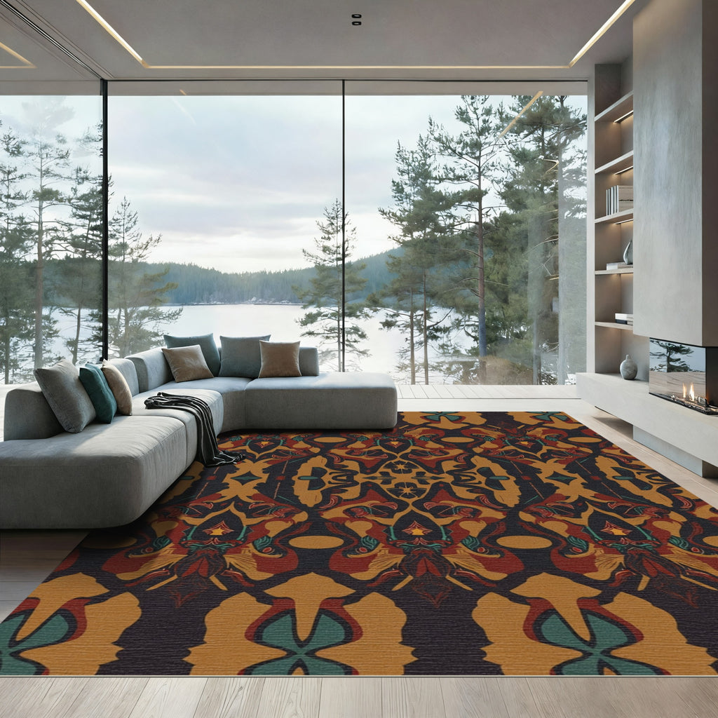 Ornate Red Black Ochre Abstract Symmetry Rug
