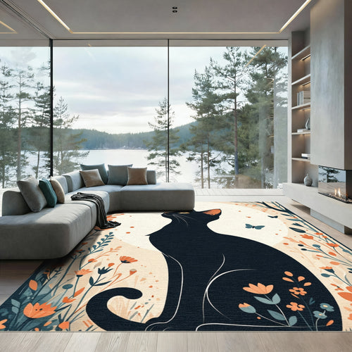Black Cat Floral Garden Butterflies Rug