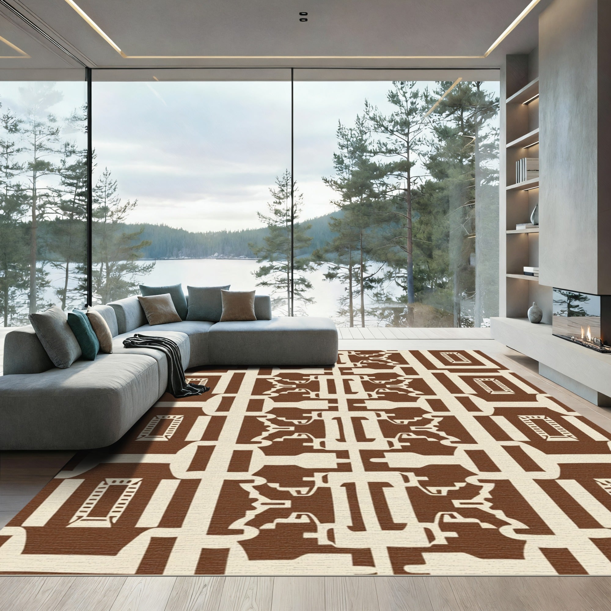 Brown Cream Abstract Geometric Arrangement Rug