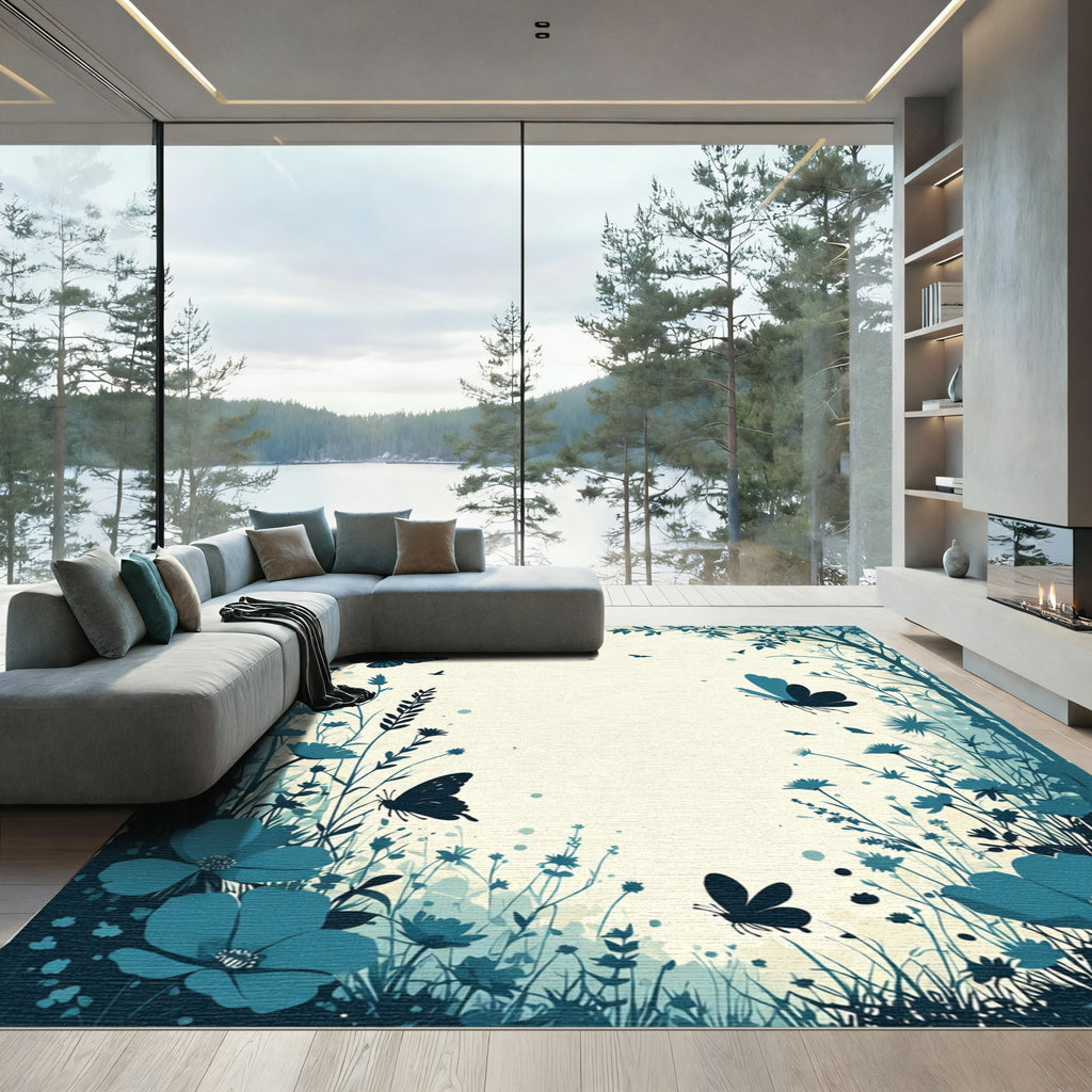 Teal Butterflies Garden Meadow Scene Rug