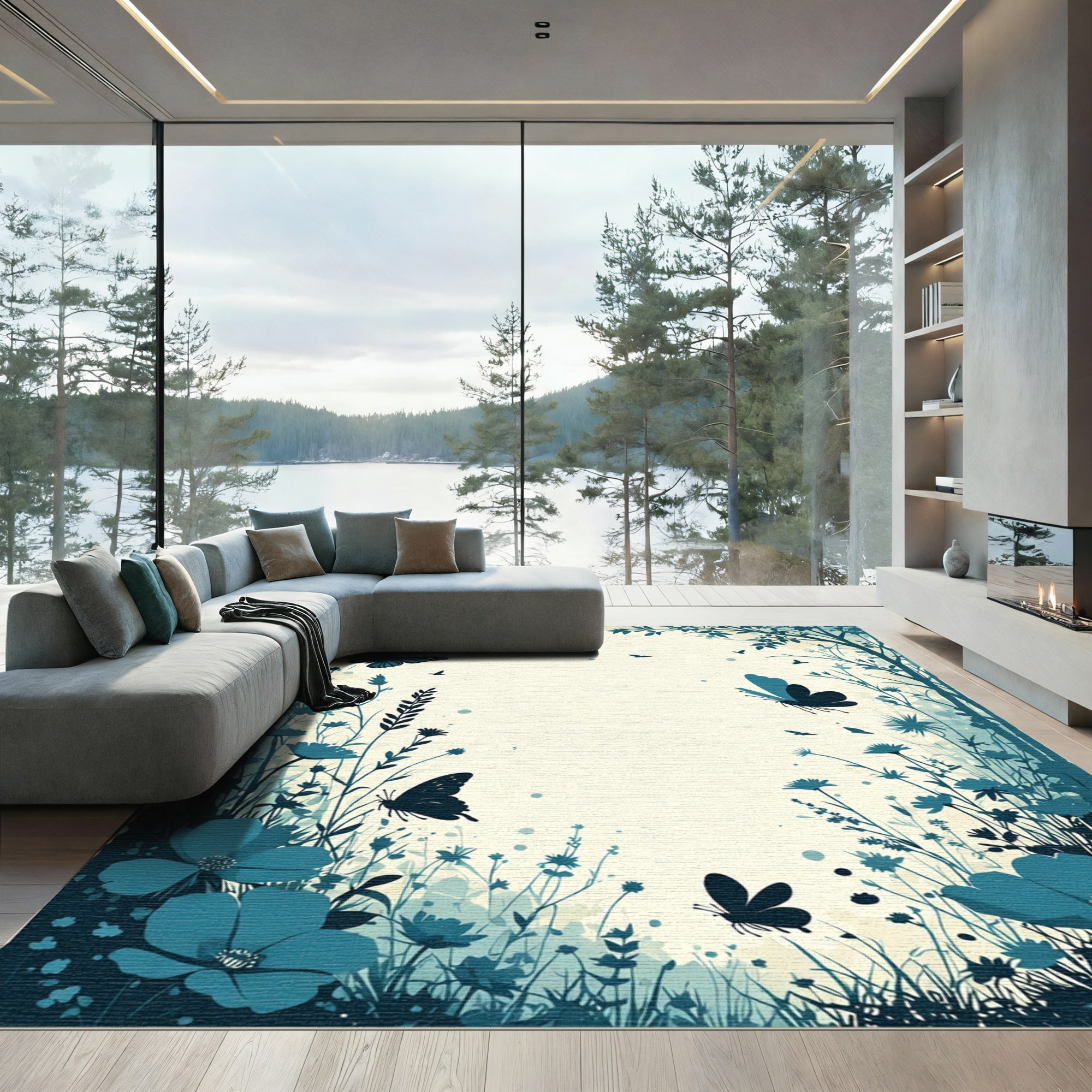 Teal Butterflies Garden Meadow Scene Rug