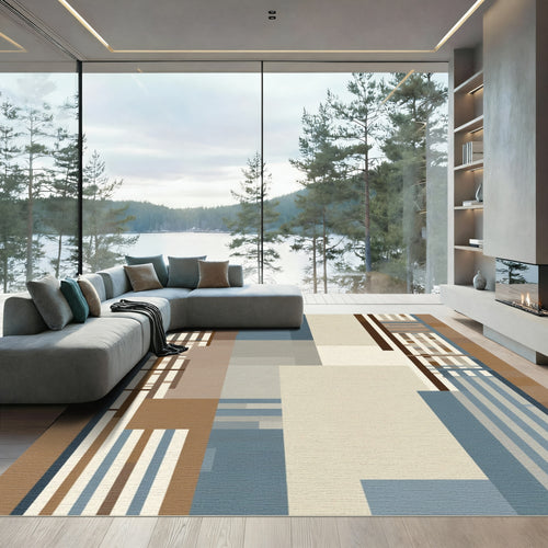 Abstract Brown Blue Geometric Blocks Rug