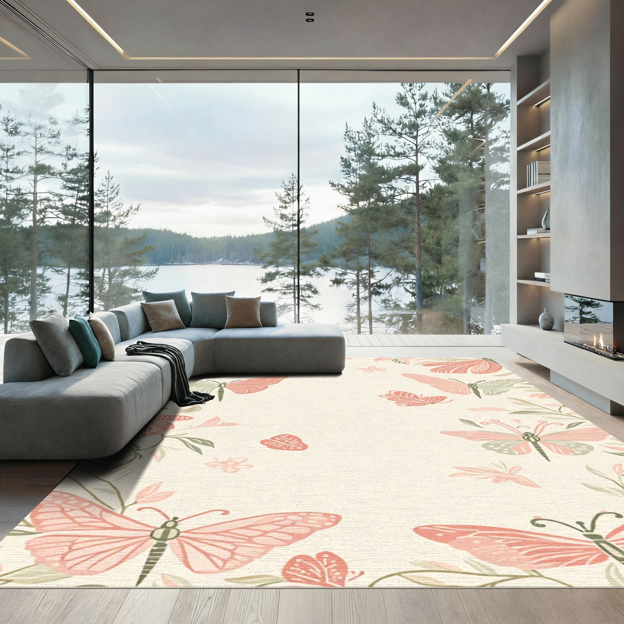 Whimsical Coral Butterfly Garden Rug