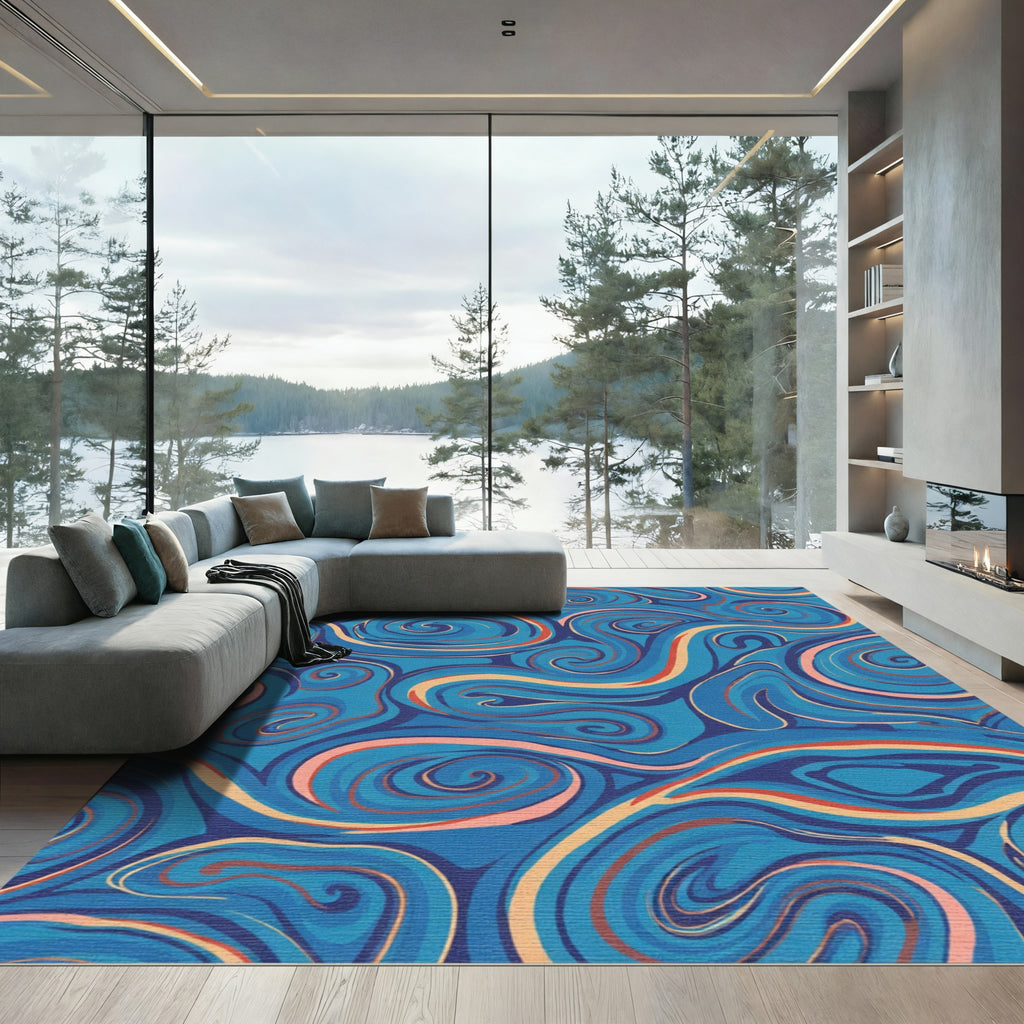 Deep Blue Swirling Wave Rug