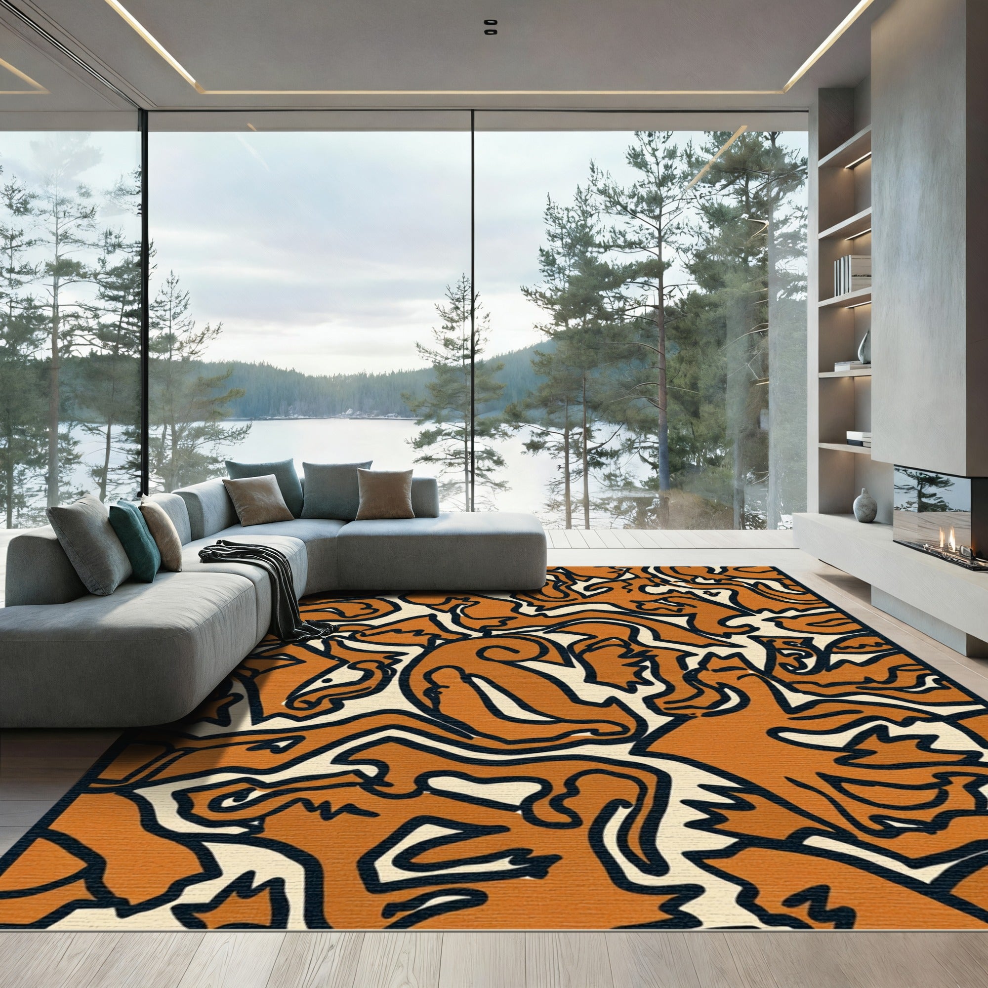 Orange Beige Swirling Organic Abstract Rug