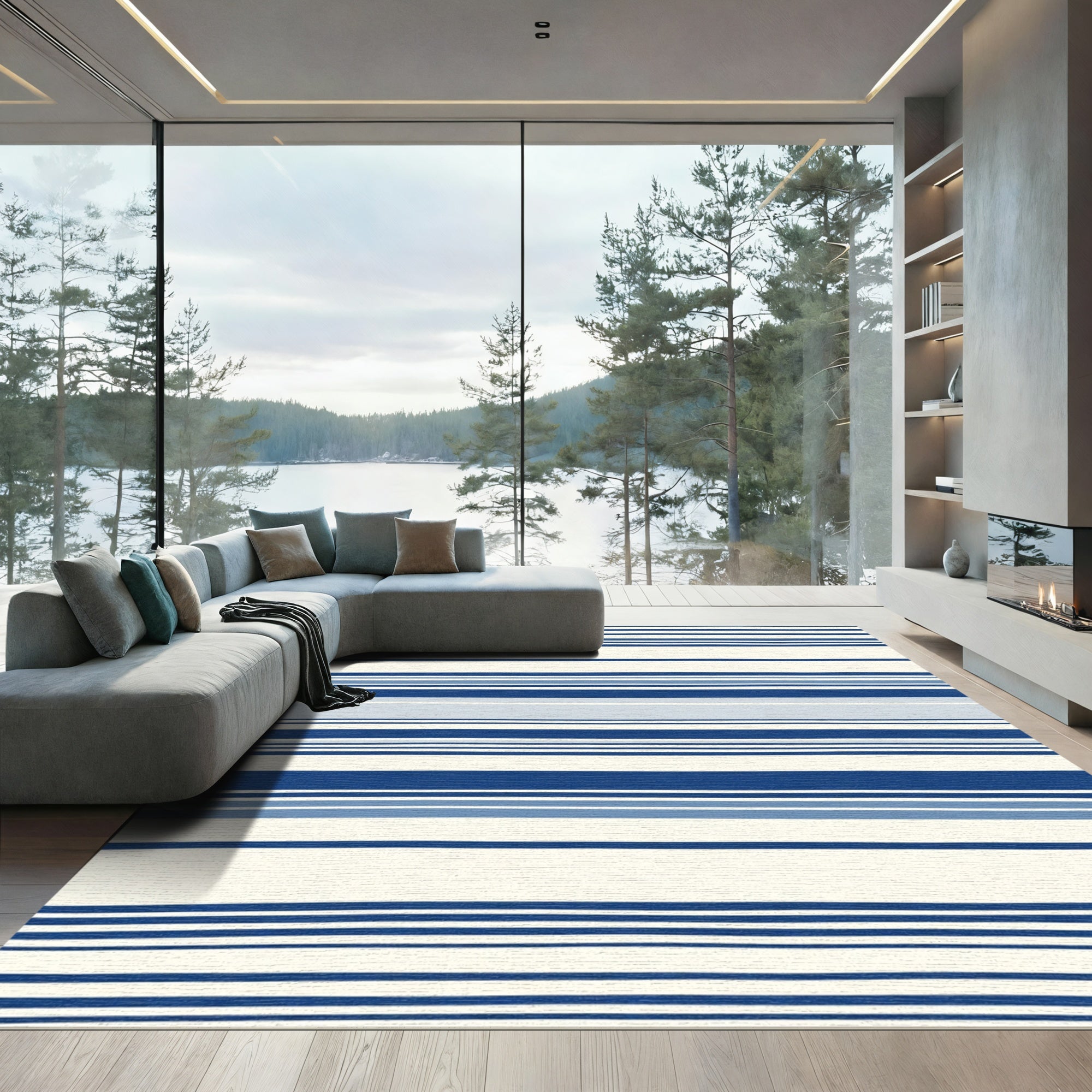 Casual Blue White Stripe Rug