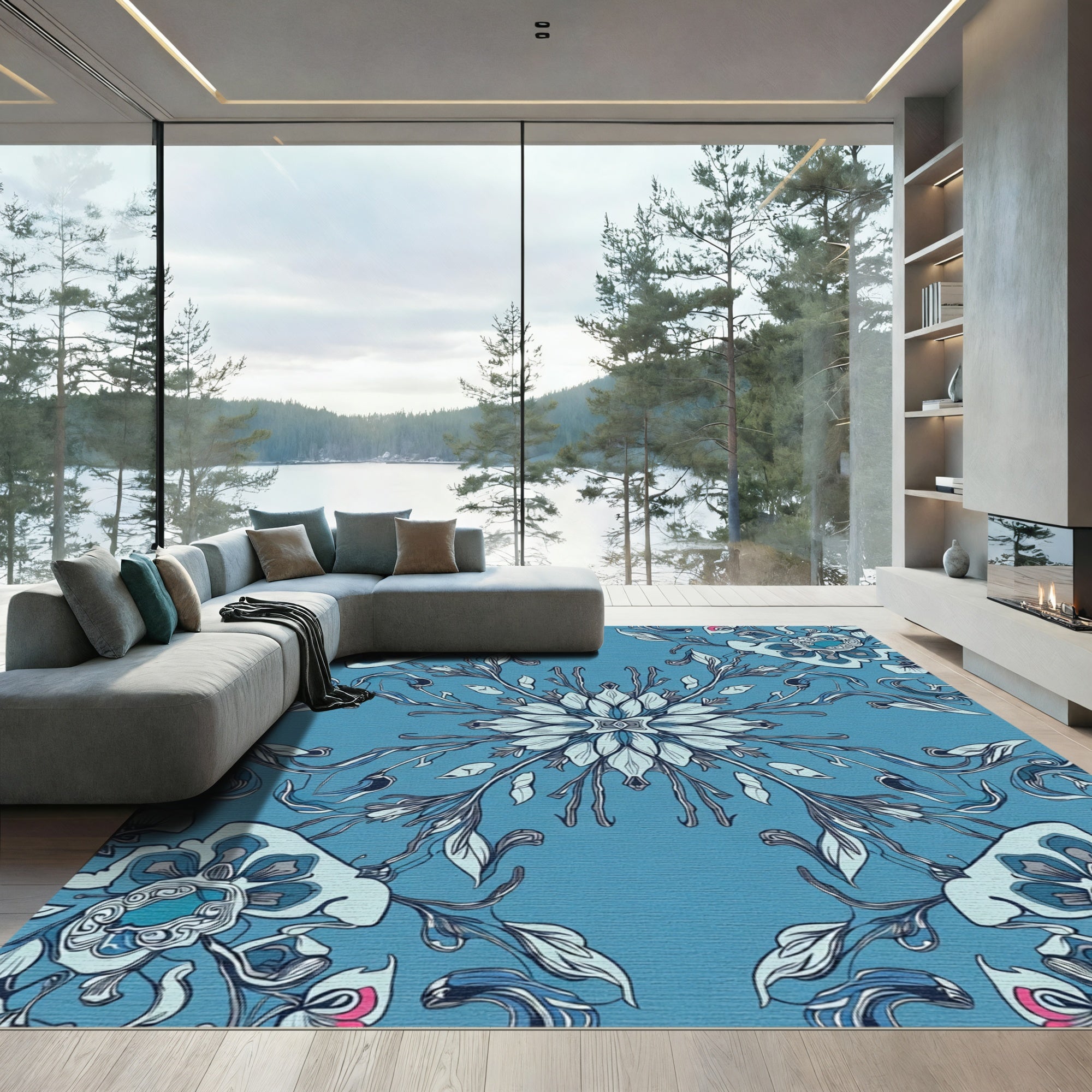 Delicate Blue Floral Scrollwork Rug
