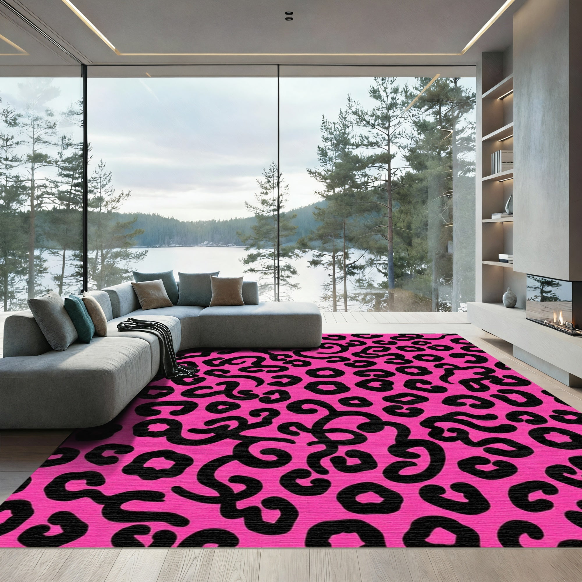 Hot Pink Black Abstract Cheetah Spot Rug