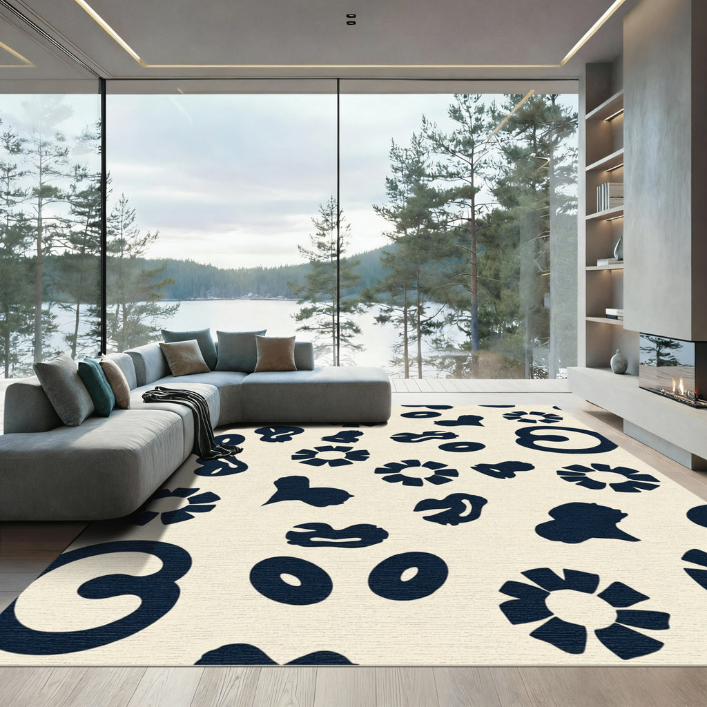 Navy Amoeba Blossom Whimsical Arrangement Rug