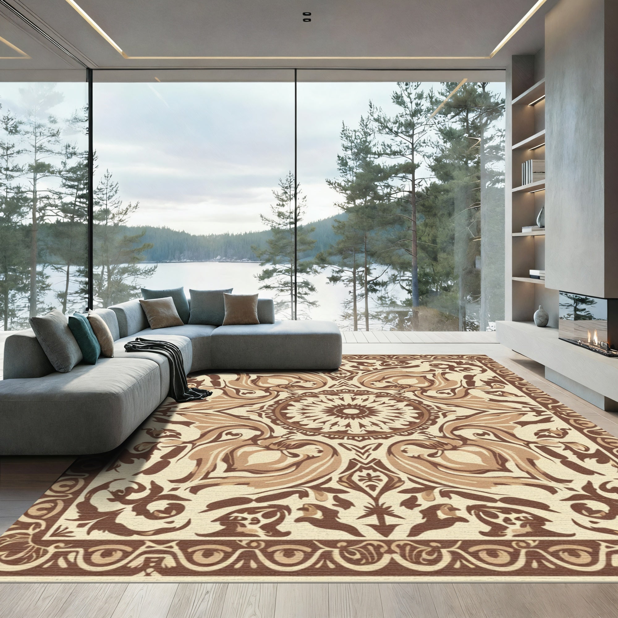 Ornate Scrollwork Inlay Centerpiece Rug