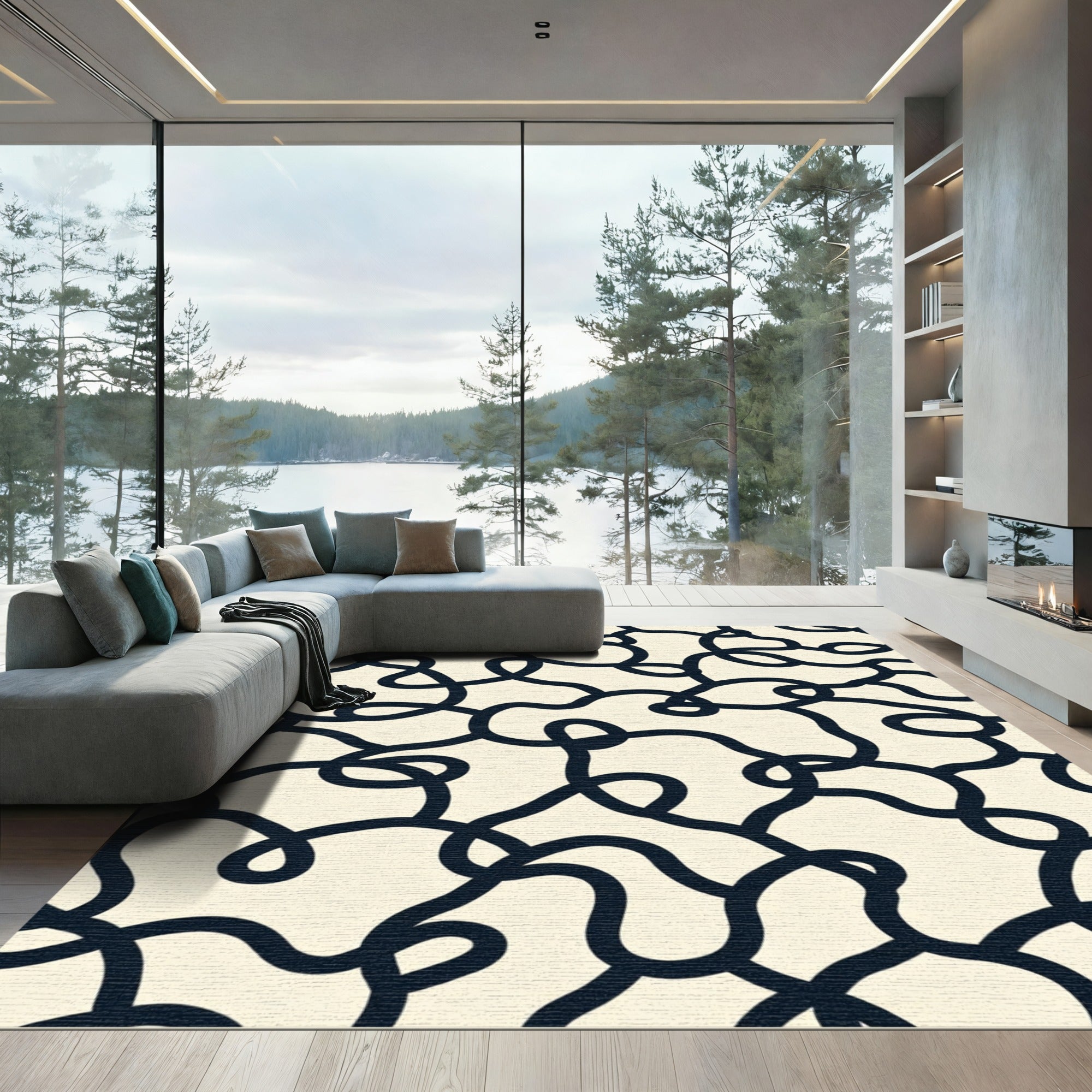 Cream Black Continuous Line Abstract Rug