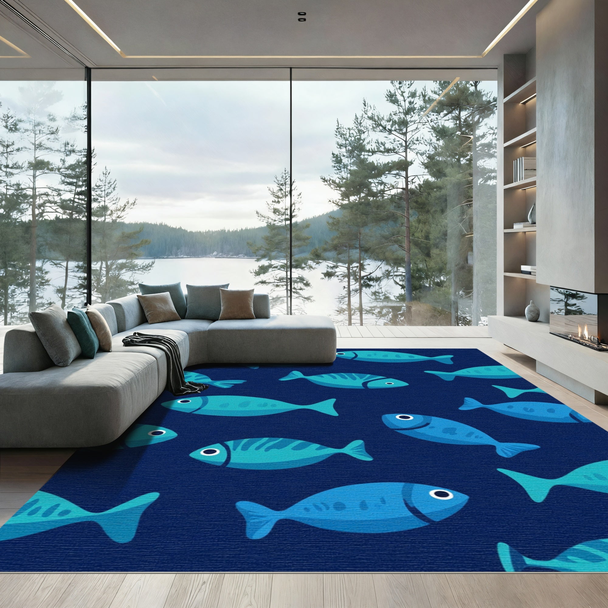 Teal Blue Schooling Fish Arrangement Rug