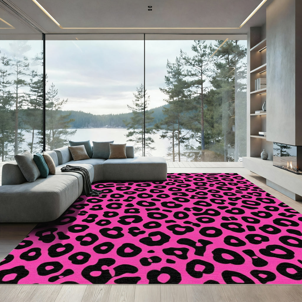Vibrant Pink Black Leopard Spots Rug