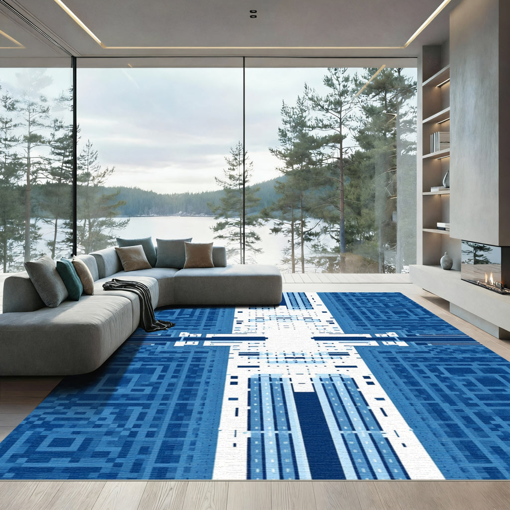 Deep Blue Geometric Maze Rug