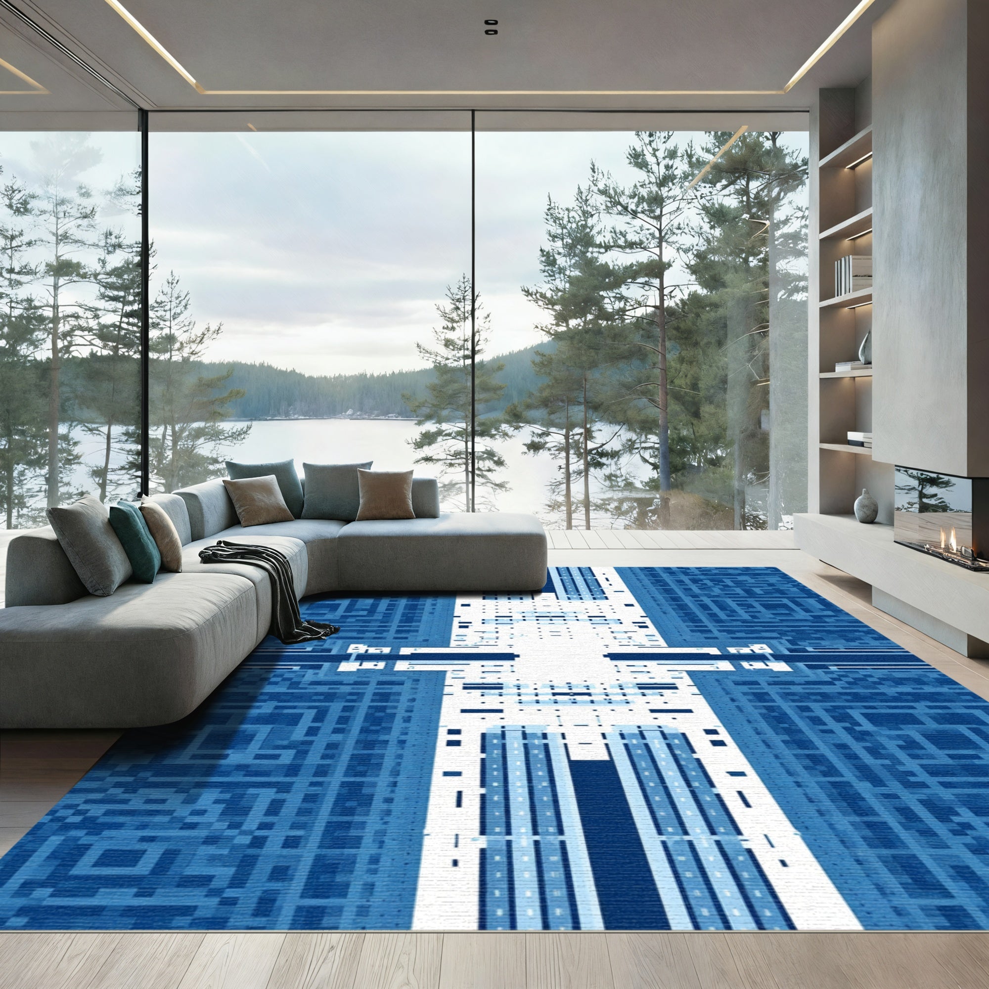Deep Blue Geometric Maze Rug