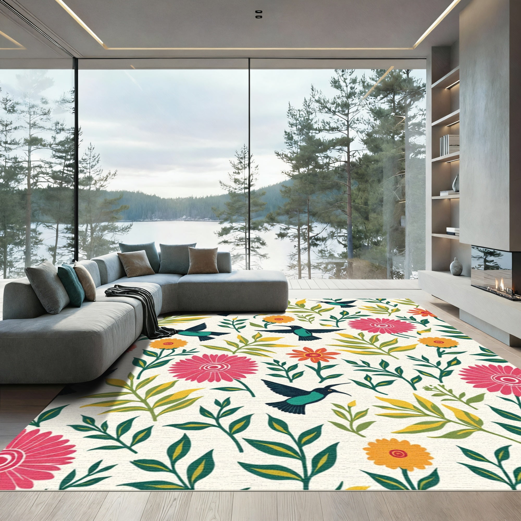 Radiant Pink Floral Teal Hummingbird Garden Rug