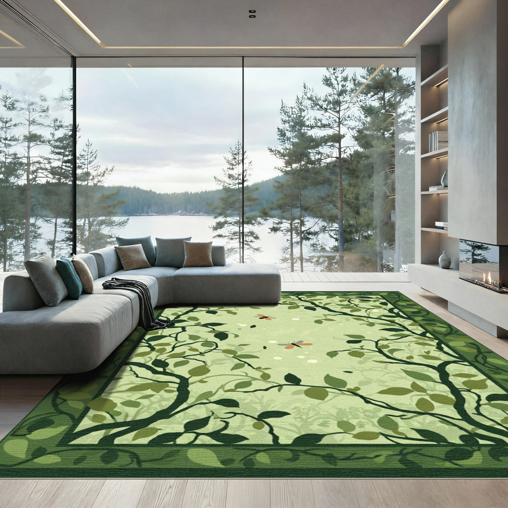 Whimsical Green Forest Butterfly Garden Rug