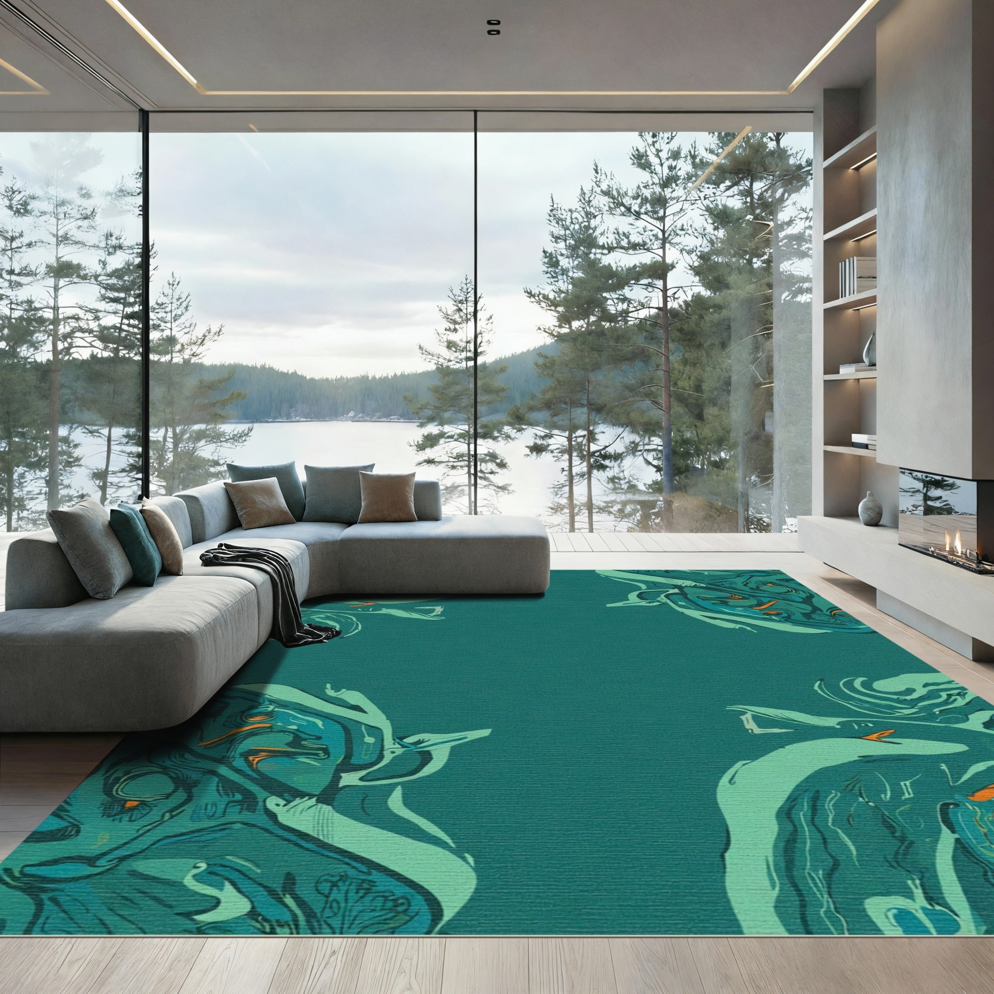 Deep Teal Flowing Abstract Forms Rug