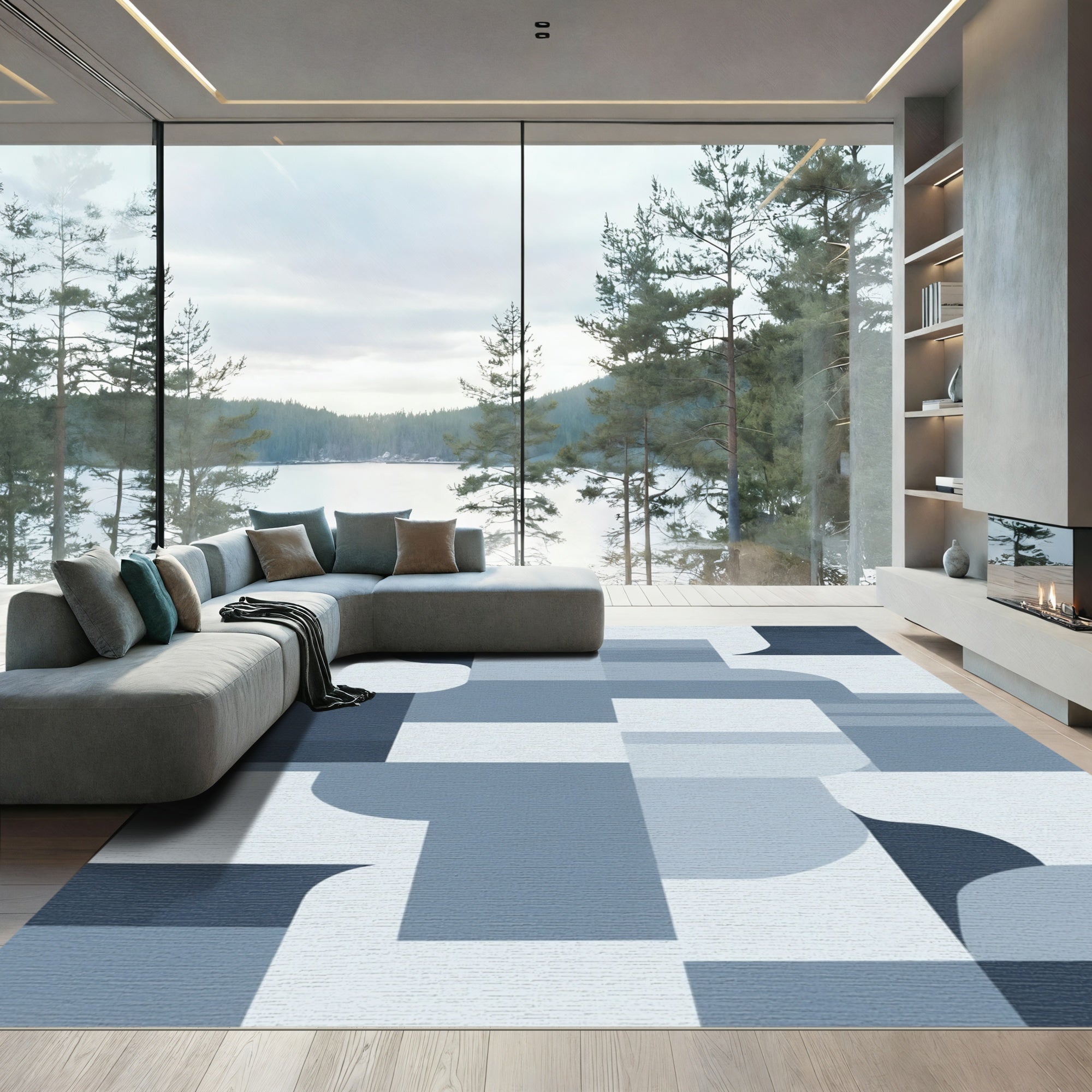 Muted Blue Geometric Abstraction Rug