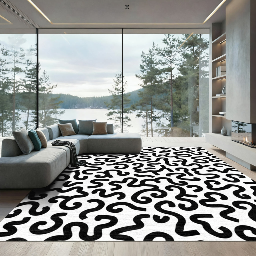 Black White Abstract Swirl Lines Rug