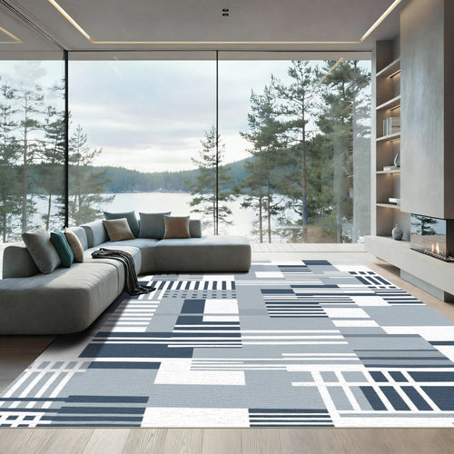 Abstract Geometric Navy Blue Blocks Rug