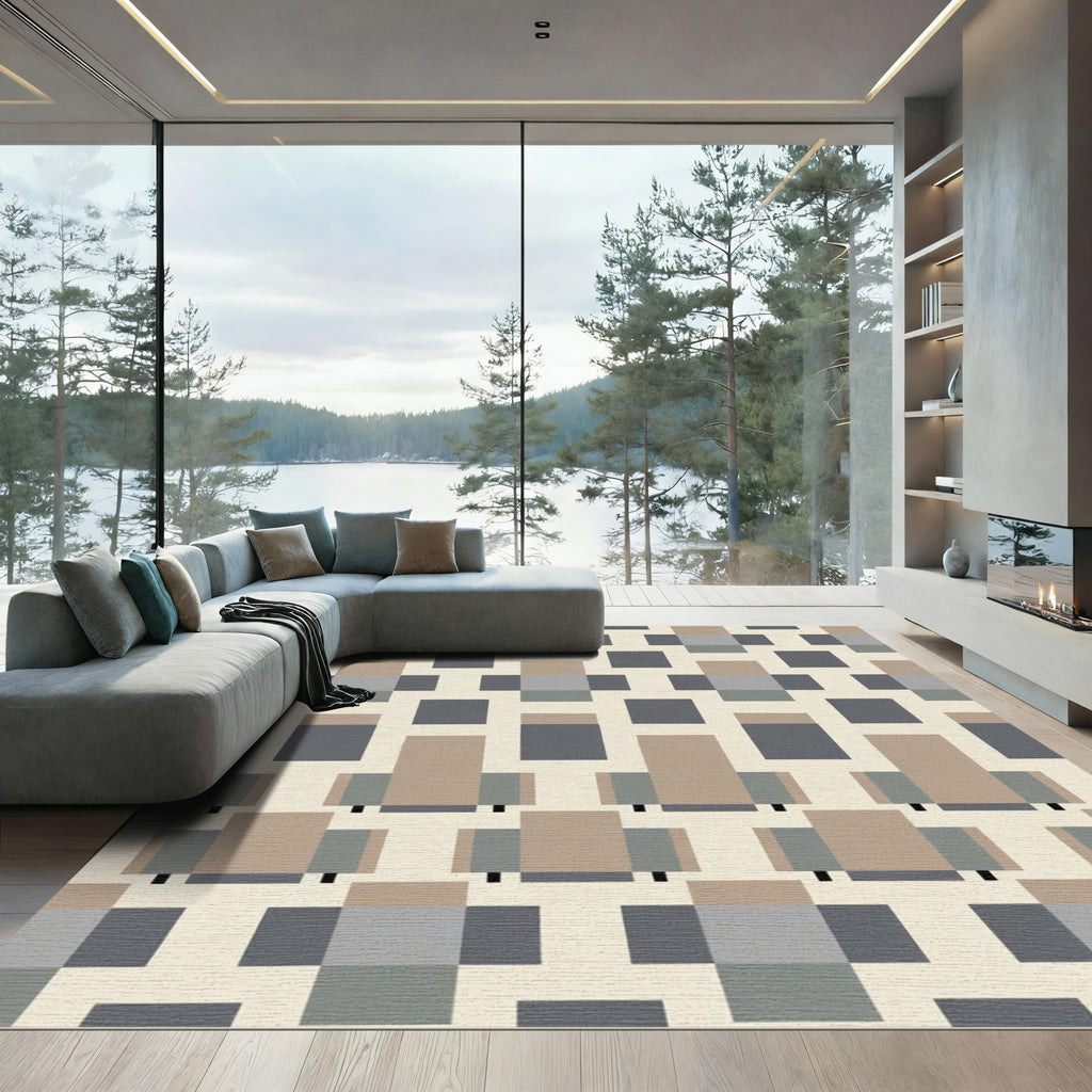 Geometric Squares Neutral Tones Composition Rug
