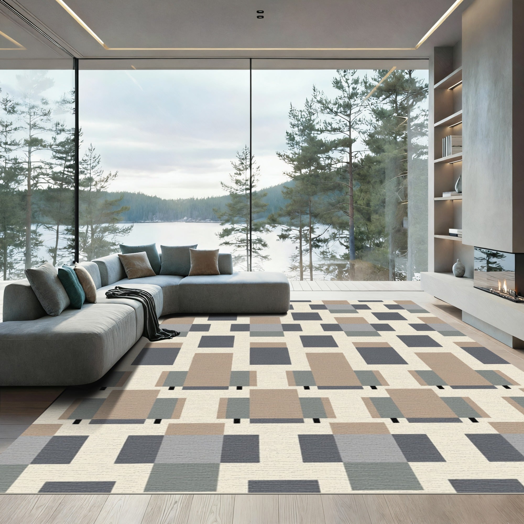 Geometric Squares Neutral Tones Composition Rug