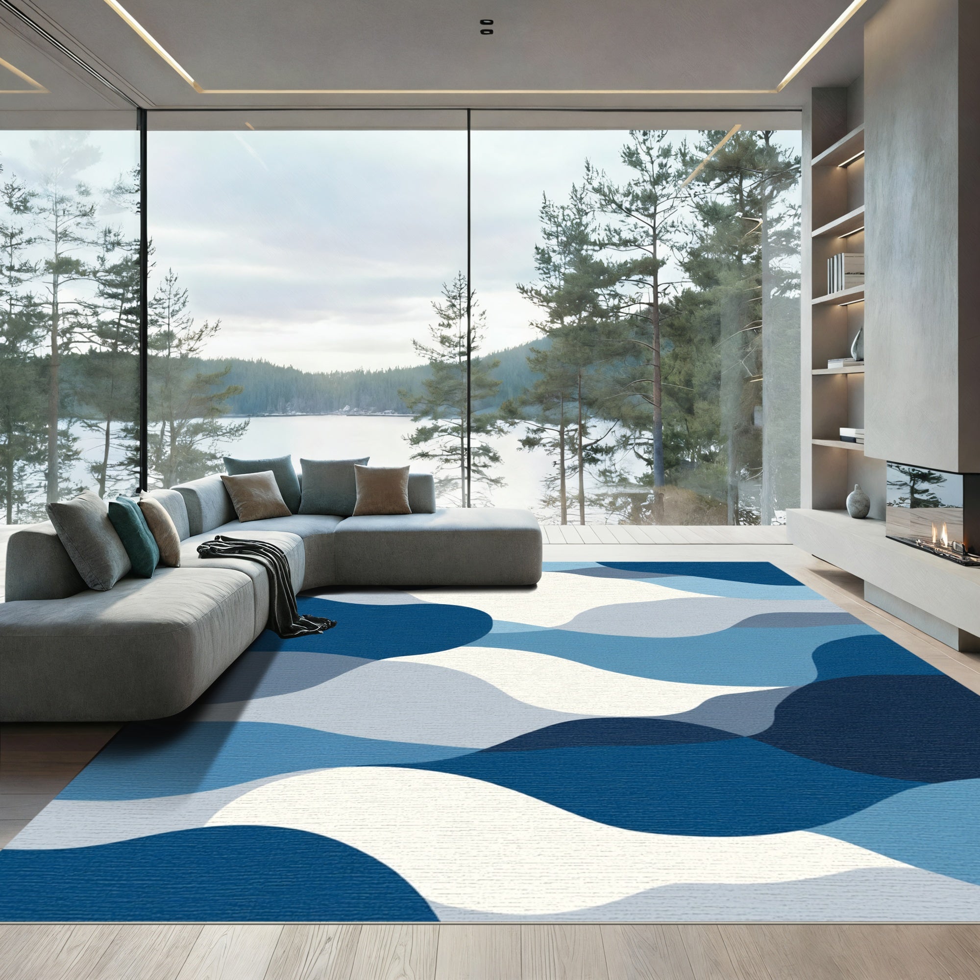 Oceanic Blue Abstract Waves Rug