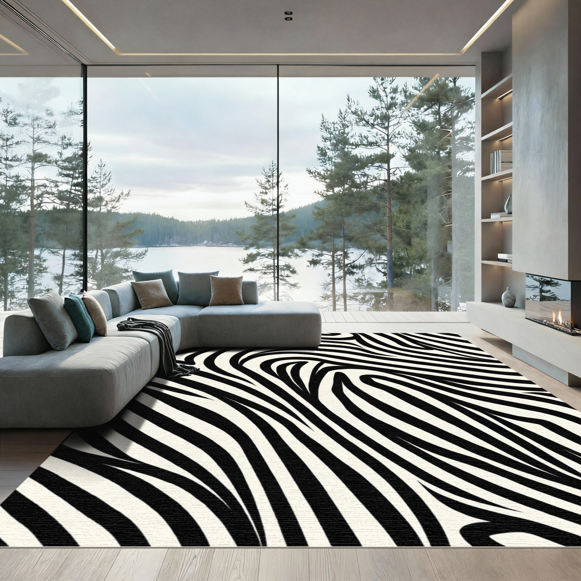 Bold Black White Zebra Swirl Rug